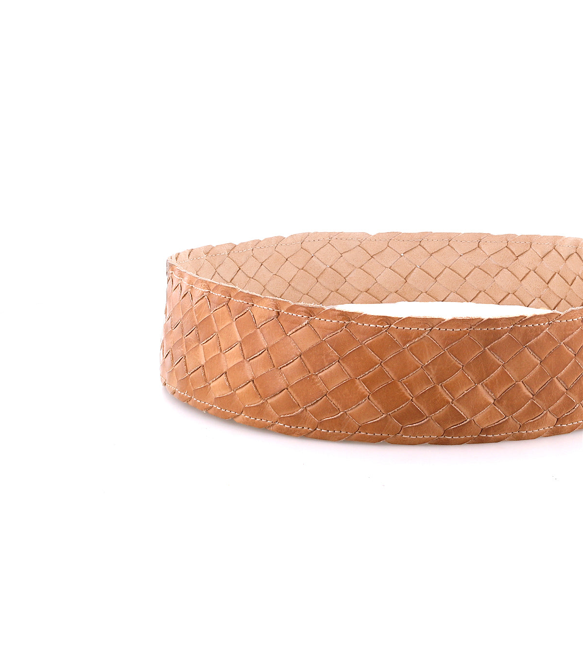 The Bed Stu Dreamweaver, a brown distressed leather belt with a round metal buckle, is coiled neatly on a white background.