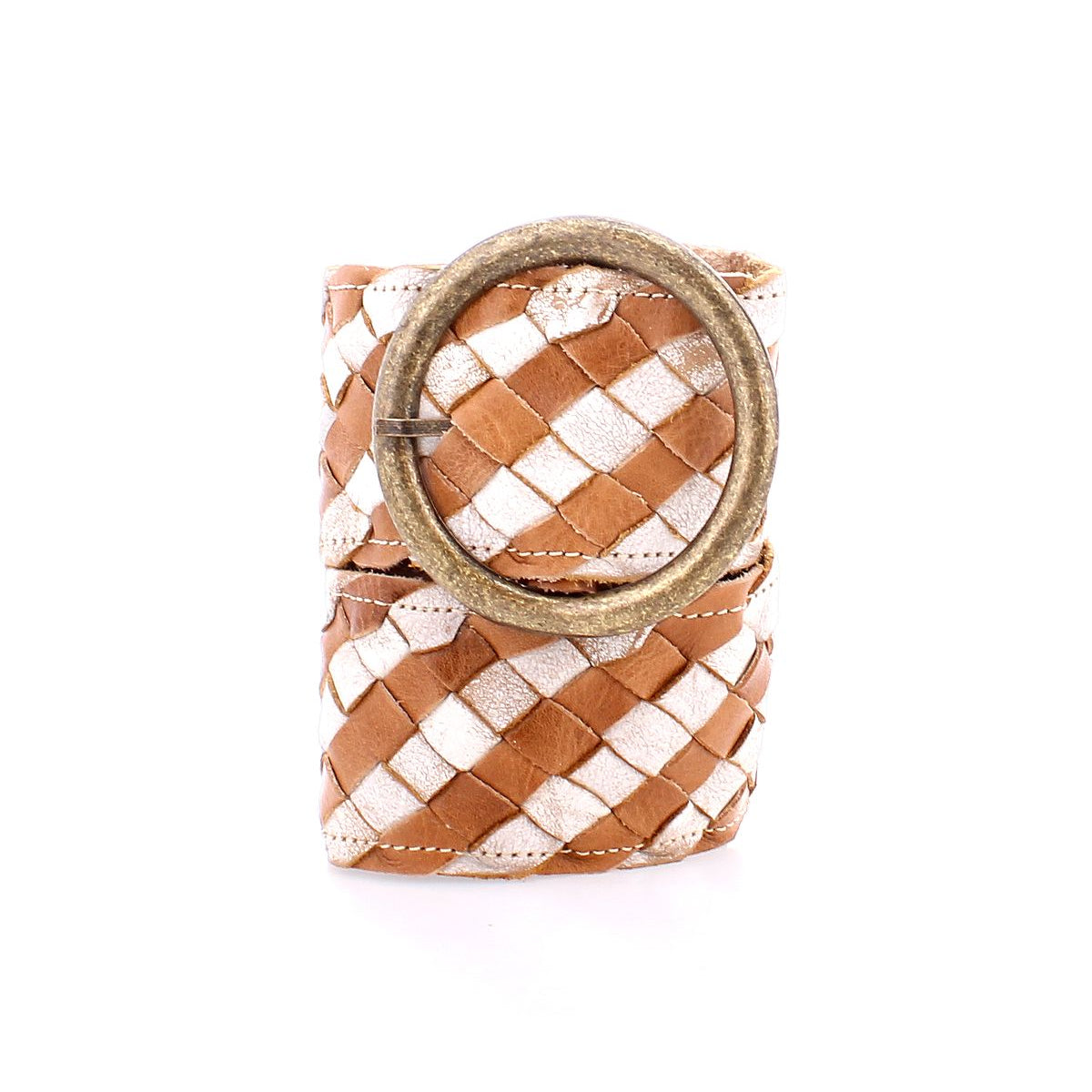 The Dreamweaver by Bed Stu is a woven leather cuff bracelet with a brass-tone buckle and a brown and white checkered pattern, radiating vintage allure.