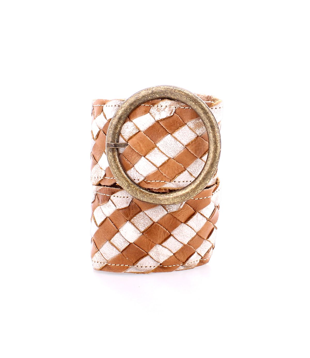The Dreamweaver by Bed Stu is a woven leather cuff bracelet with a brass-tone buckle and a brown and white checkered pattern, radiating vintage allure.