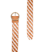 The Dreamweaver by Bed Stu is a woven leather belt in brown and white, featuring a distressed finish and a round brass-tone buckle that exudes vintage allure.
