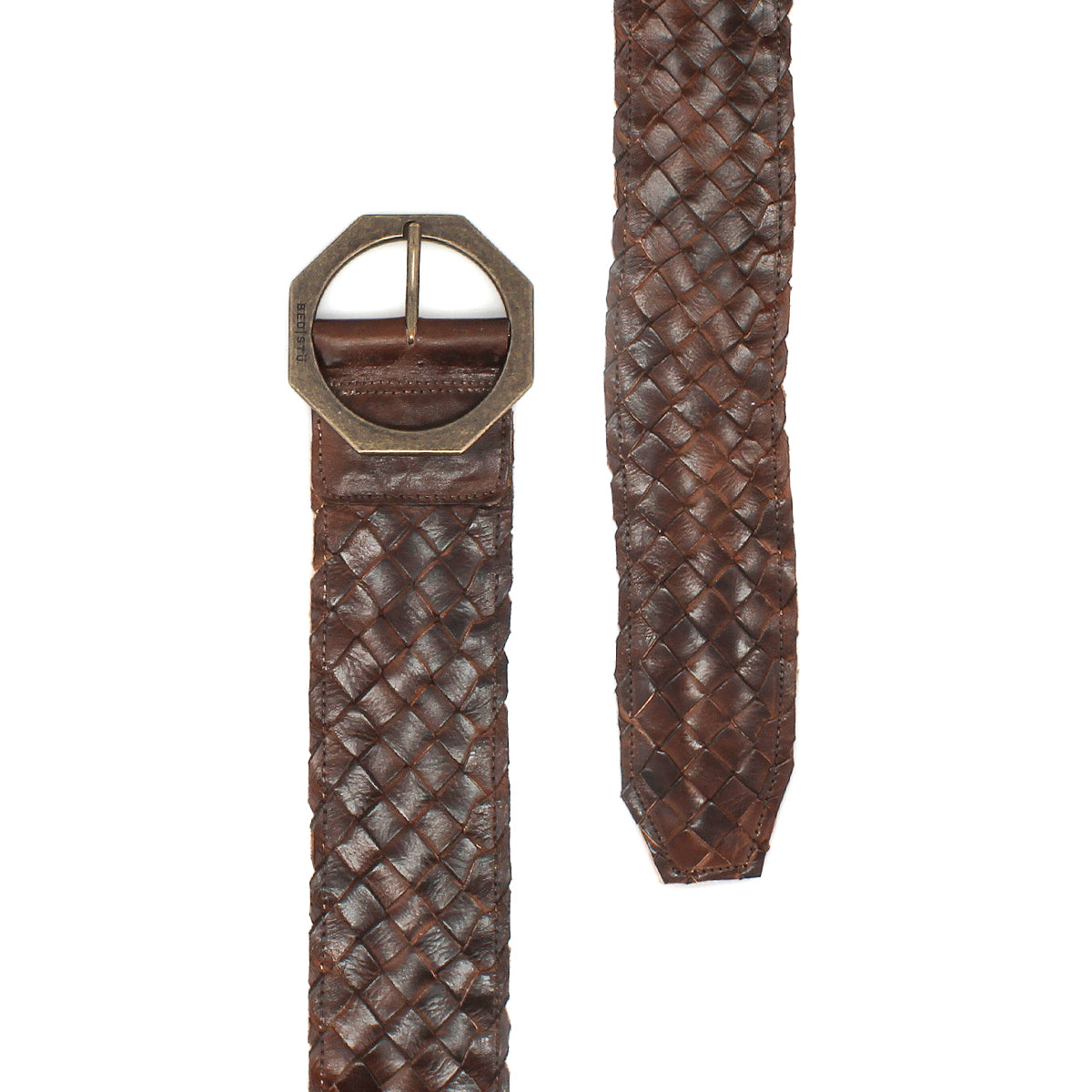 The Bed Stu Dreamweaver belt features brown distressed leather and a statement octagonal metal buckle, shown from the front with the tip angled aside for a vintage boho vibe.