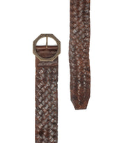 The Bed Stu Dreamweaver belt features brown distressed leather and a statement octagonal metal buckle, shown from the front with the tip angled aside for a vintage boho vibe.