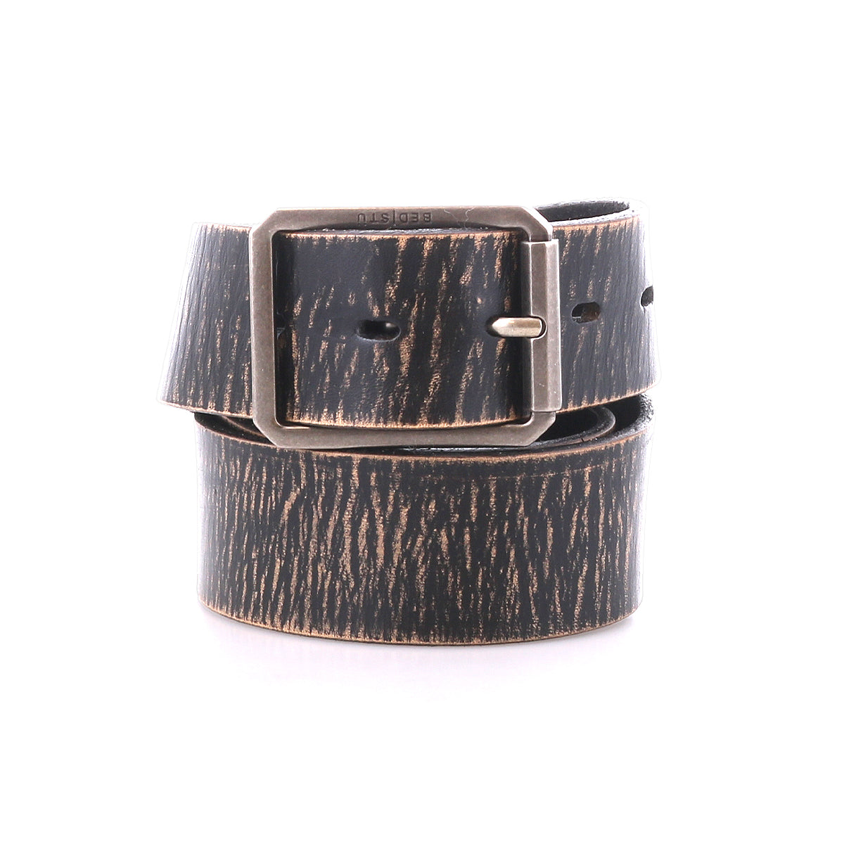 The Drifter by Bed Stu, a coiled black leather belt with a silver rectangular buckle, exudes dapper appeal on a white background.