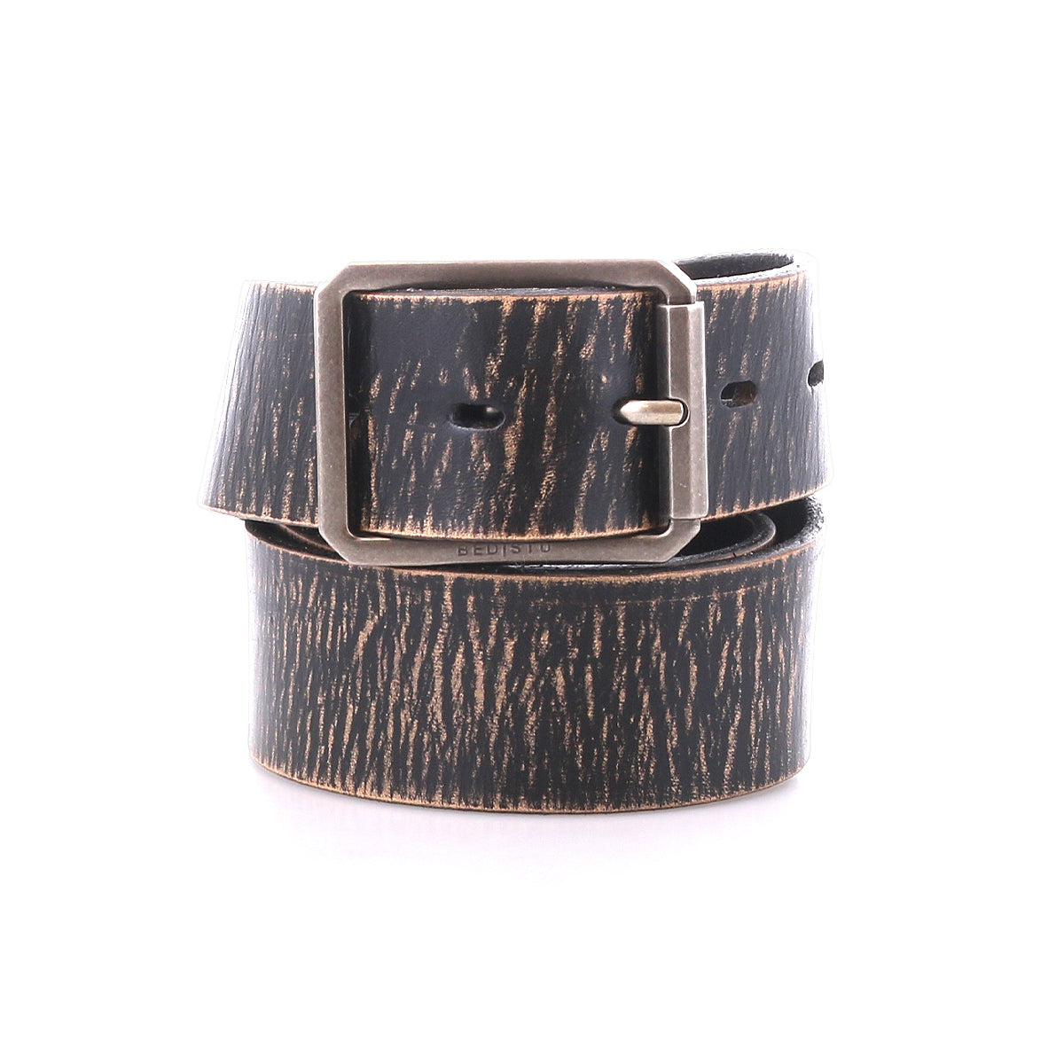The Bed|Stü Drifter is a black and brown distressed leather belt with a rectangular metal buckle and a textured leather strap, shown coiled against a white background.
