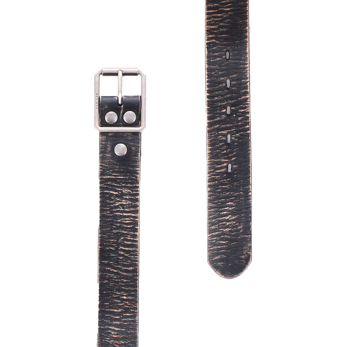 Close-up of two Drifter straps by Bed Stu, featuring textured black leather with dapper appeal—one with a silver buckle and the other with a tapered end and holes, perfect for weekend wear.