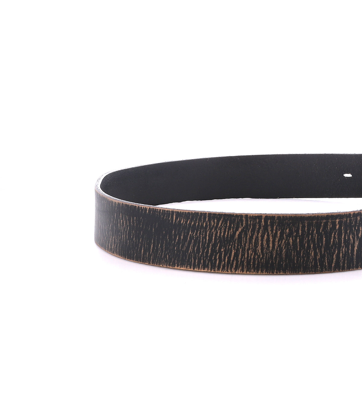 A close-up of the Drifter belt by Bed Stu, featuring a textured black woodgrain pattern against a white background, is the perfect dapper accessory for your weekend ensemble.