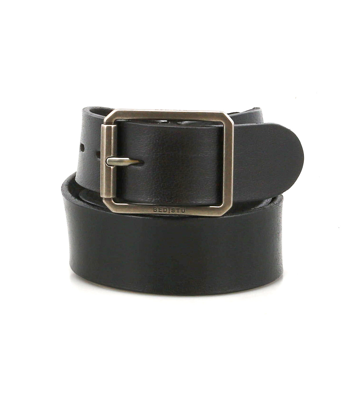 The Drifter belt by Bed Stu is a black leather accessory with a rectangular silver buckle, coiled neatly on a white background—an ideal choice for weekend wear.
