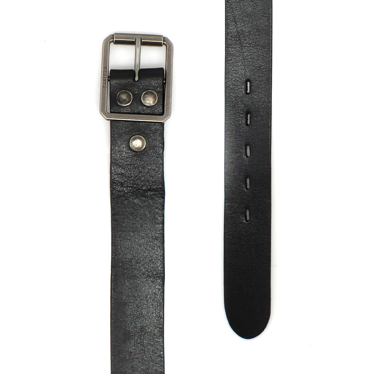 The Bed Stu Drifter belt in black leather, featuring a silver buckle, is shown laid flat to display both ends—a stylish accessory perfect for elevating your weekend look.