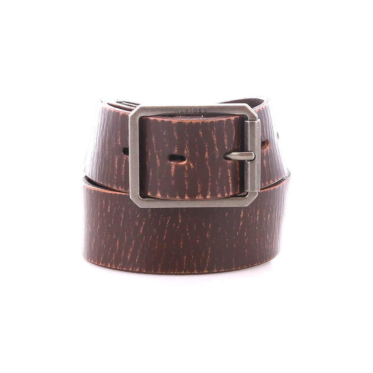 The Drifter belt by Bed Stu, featuring brown leather and a silver metal buckle, exudes dapper appeal as it is rolled up against a white background.
