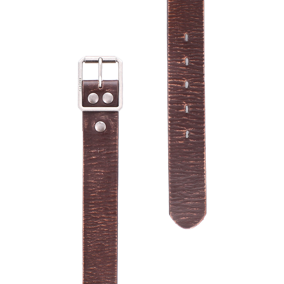 Close-up of the Drifter by Bed Stu—a brown leather belt with a silver buckle and multiple holes, delivering dapper appeal to any outfit. Ideal as a stylish weekend accessory.