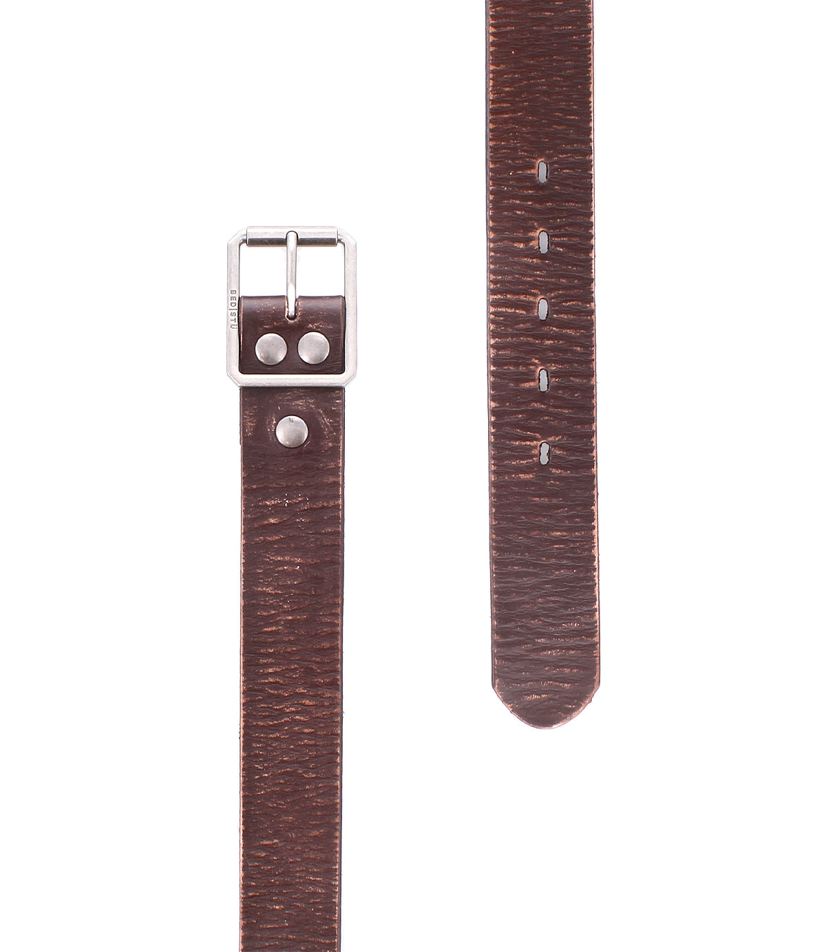 Close-up of the Drifter by Bed Stu—a brown leather belt with a silver buckle and multiple holes, delivering dapper appeal to any outfit. Ideal as a stylish weekend accessory.