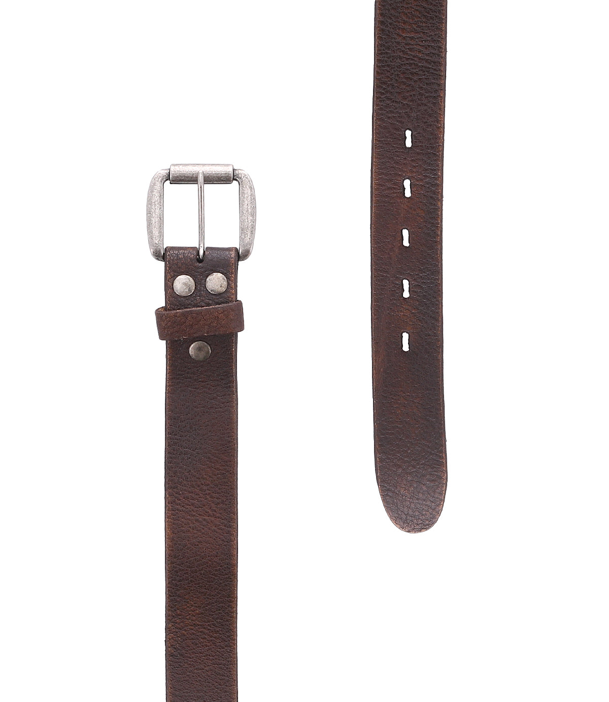 The Bed Stu Drifter is a brown leather belt with a silver buckle and metal rivets, pictured flat with the buckle on the left and holes on the right—ideal for adding dapper appeal to any outfit.