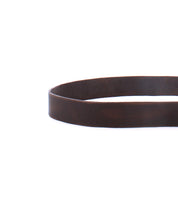 A close-up of the Bed Stu Drifter belt in dark brown leather showcases its smooth, refined texture and stylish appeal—an ideal weekend accessory—photographed on a white background.
