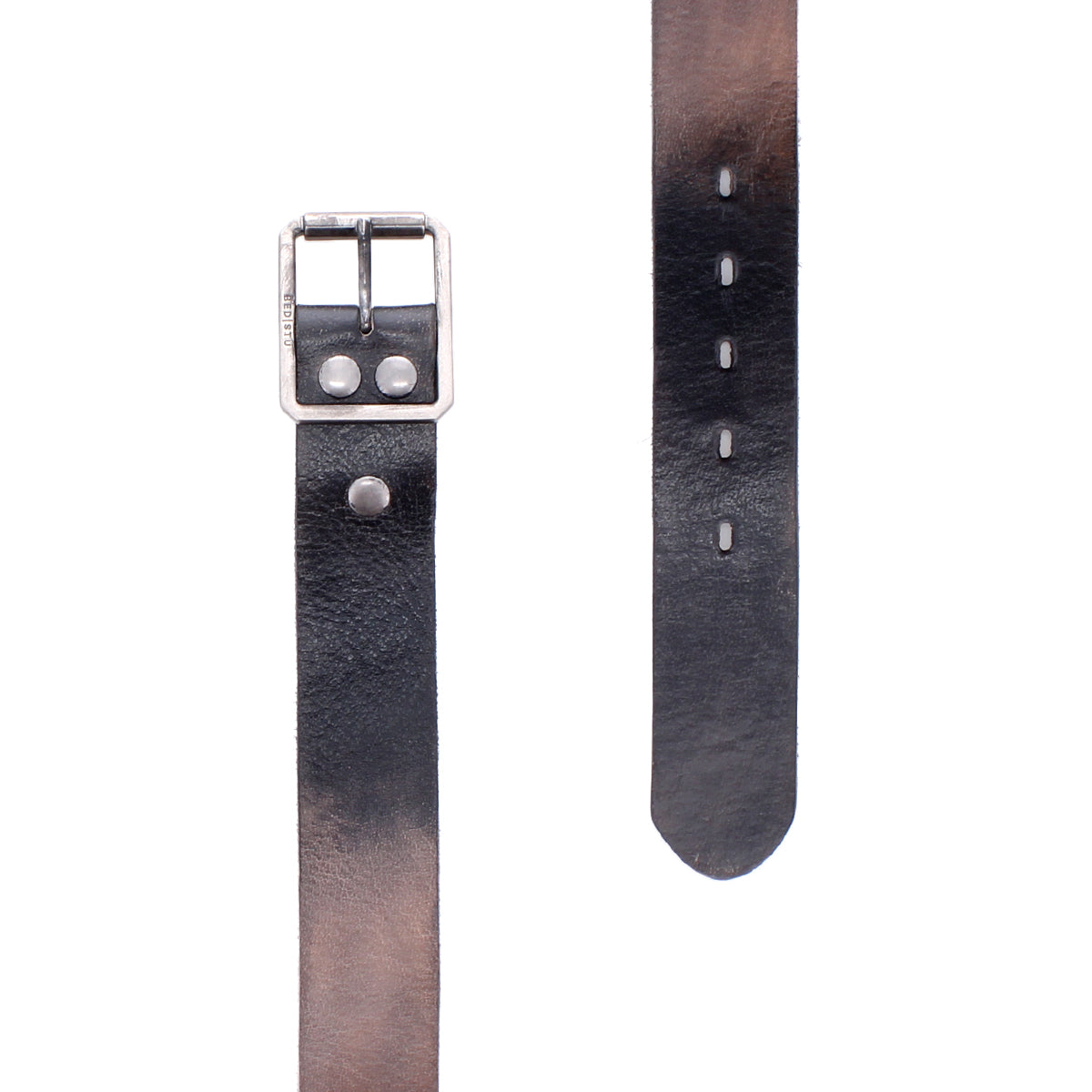 Two sections of the Bed Stu Drifter black and brown leather belt with a silver buckle and multiple holes shown on a white background—a perfect weekend accessory to elevate any outfit.