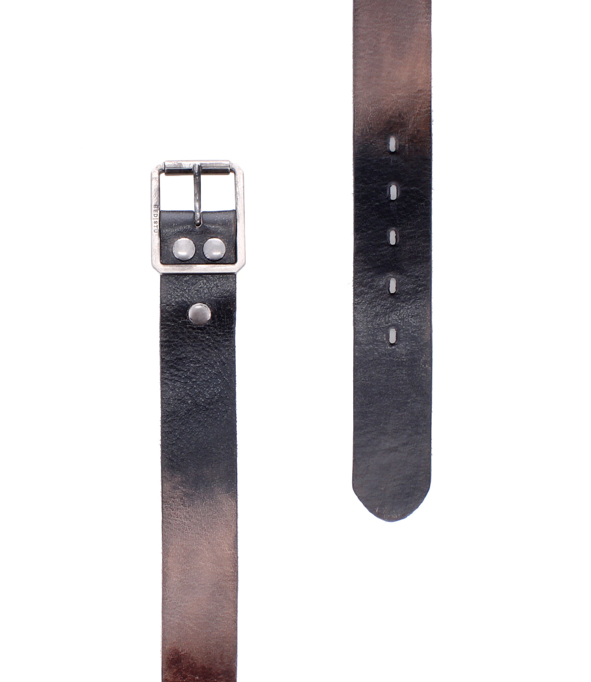 Two sections of the Bed Stu Drifter black and brown leather belt with a silver buckle and multiple holes shown on a white background—a perfect weekend accessory to elevate any outfit.