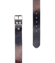 Two sections of the Bed Stu Drifter black and brown leather belt with a silver buckle and multiple holes shown on a white background—a perfect weekend accessory to elevate any outfit.