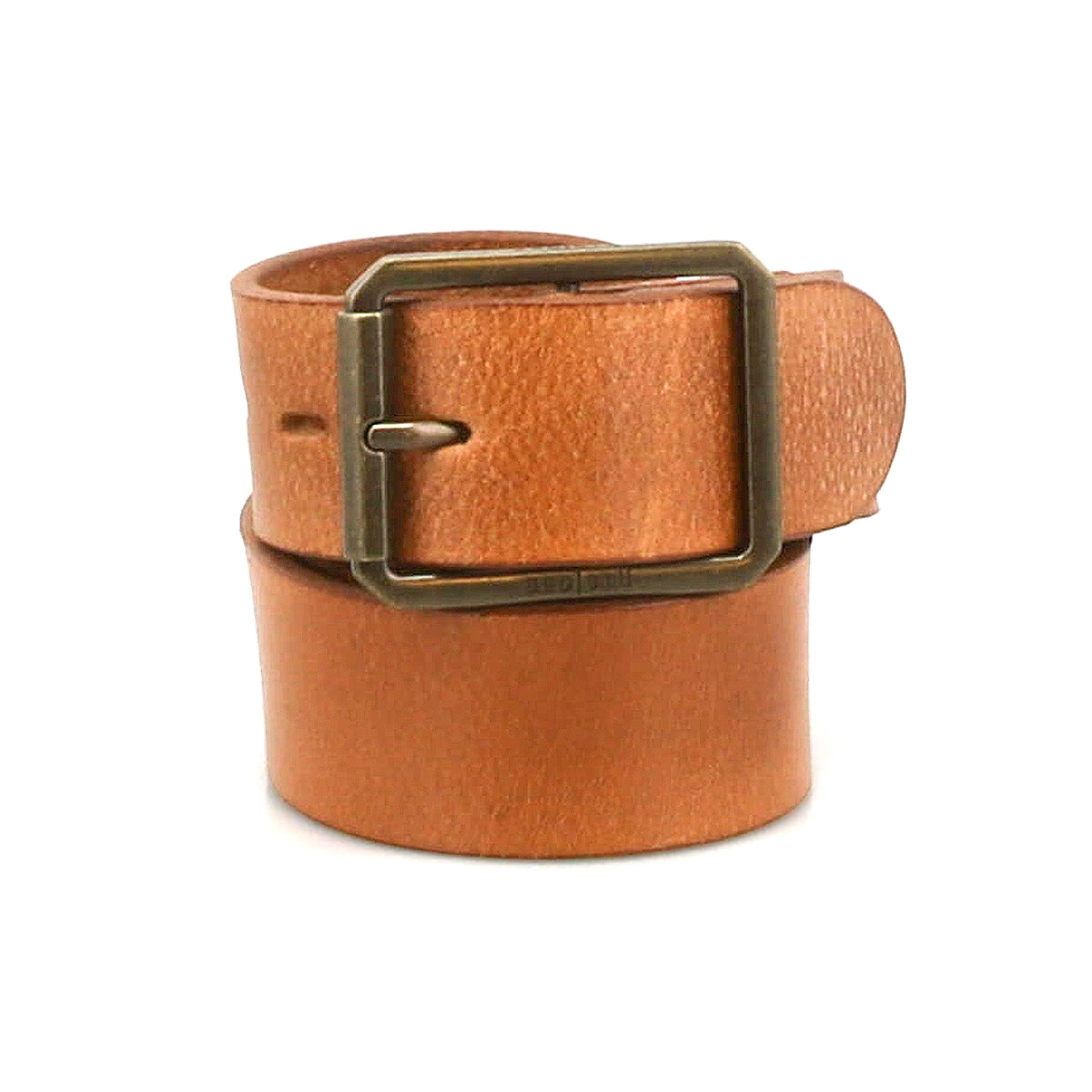 The Bed Stu Drifter is a tan leather belt with a brass rectangular buckle, coiled neatly buckle-forward—an ideal weekend accessory for any wardrobe.