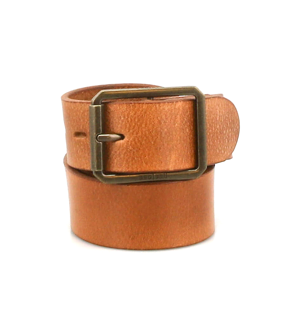 The Bed Stu Drifter is a tan leather belt with a brass rectangular buckle, coiled neatly buckle-forward—an ideal weekend accessory for any wardrobe.