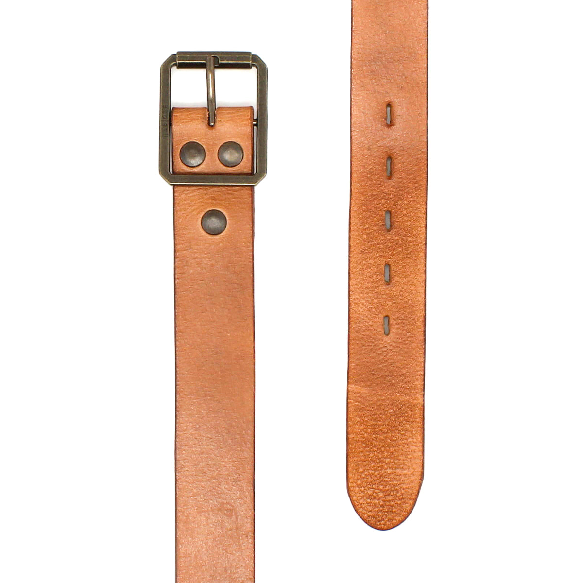 The Bed Stu Drifter is a tan leather belt featuring a rectangular metal buckle and two rivets, shown buckled on one end with adjustment holes on the other—a perfect weekend accessory.