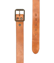 The Bed Stu Drifter is a tan leather belt featuring a rectangular metal buckle and two rivets, shown buckled on one end with adjustment holes on the other—a perfect weekend accessory.