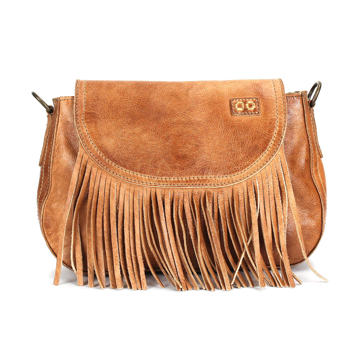 The Bed Stu Eastend is a brown leather crossbody bag with a flap closure and long front fringe—a handmade, boho-chic accessory.
