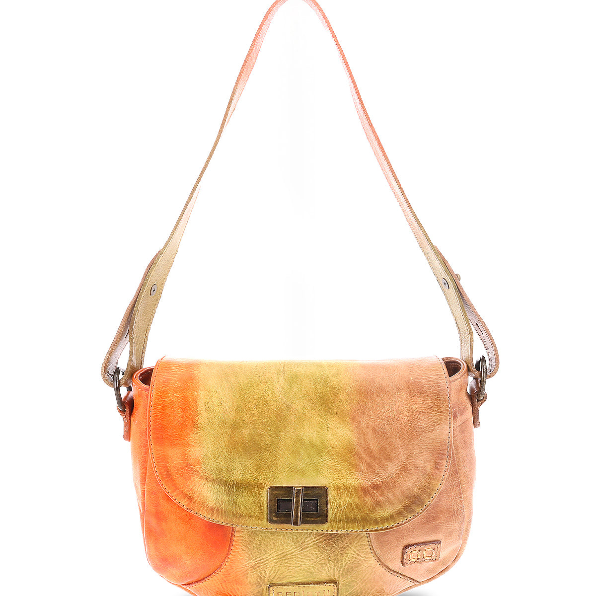 The "Elect" by Bed Stu is a chic shoulder bag in multicolored leather, featuring orange and yellow tones. It showcases vintage charm with a front flap and metal clasp, and includes an adjustable strap for the perfect fit.