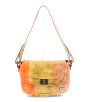 The "Elect" by Bed Stu is a chic shoulder bag in multicolored leather, featuring orange and yellow tones. It showcases vintage charm with a front flap and metal clasp, and includes an adjustable strap for the perfect fit.