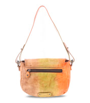 The Elect by Bed Stu is a small leather shoulder bag with an adjustable strap, featuring a front zip pocket and showcasing a gradient from orange to green.
