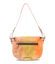 The Elect by Bed Stu is a small leather shoulder bag with an adjustable strap, featuring a front zip pocket and showcasing a gradient from orange to green.