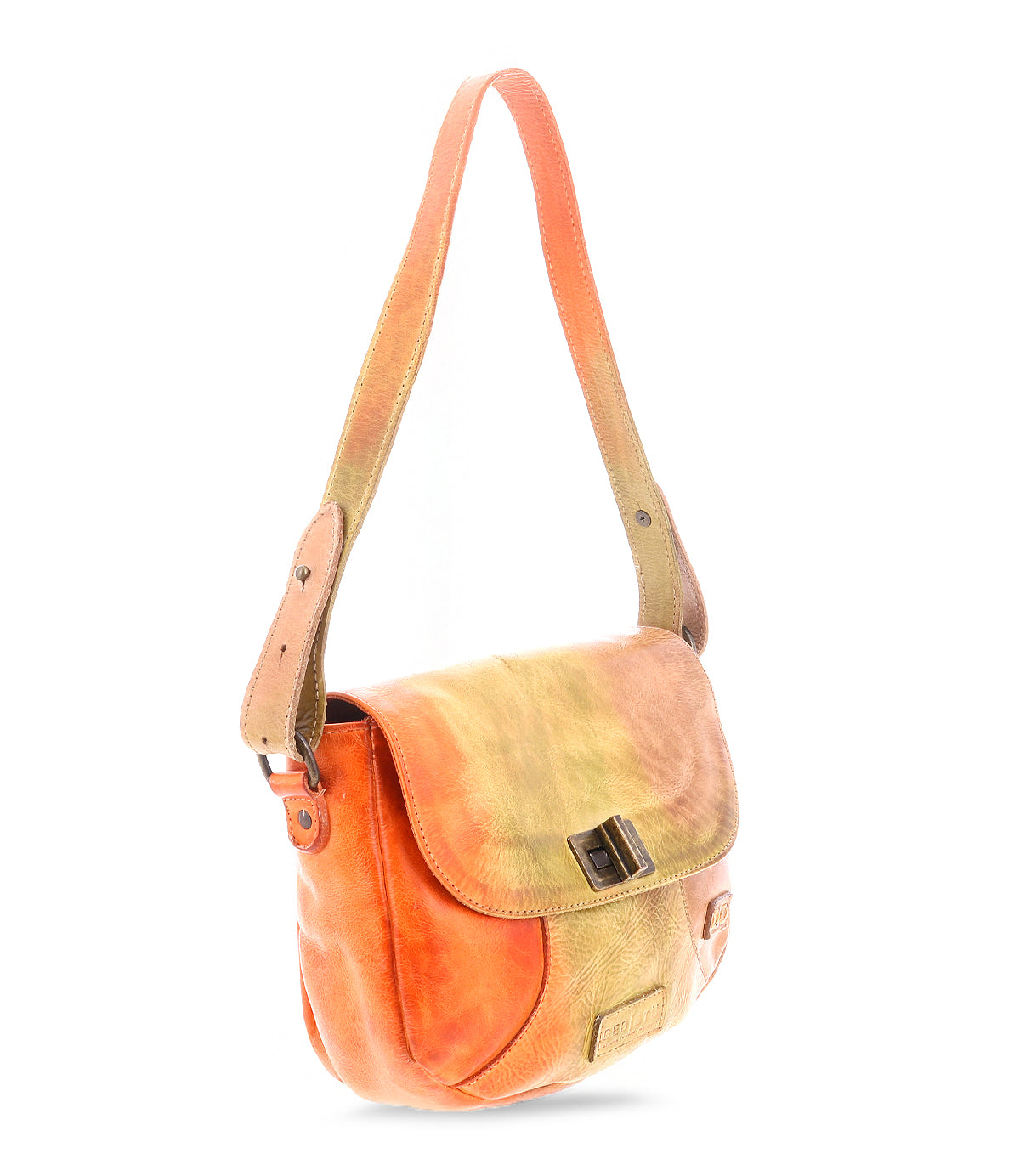 The Bed Stu Elect is a chic shoulder bag with a multicolored leather exterior and vintage charm, featuring a front flap, buckles, and an orange-to-green gradient design. Its adjustable strap ensures comfort and versatility for any occasion.