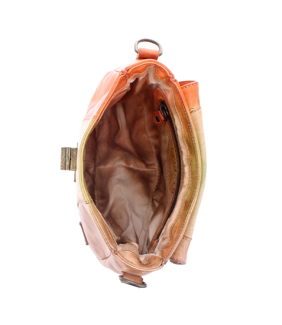 The Elect by Bed Stu is a multicolored leather handbag with vintage charm, showcasing a visible beige interior and secured with a metal clasp.