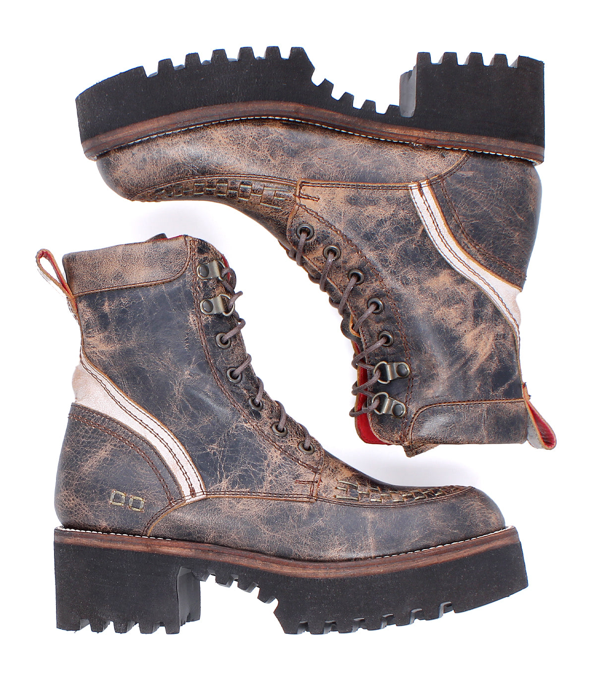 Two Elisha Hi boots by Bed|Stü are shown side by side against a white background, featuring rugged brown leather, a classic lace-up profile, and thick textured rubber soles.