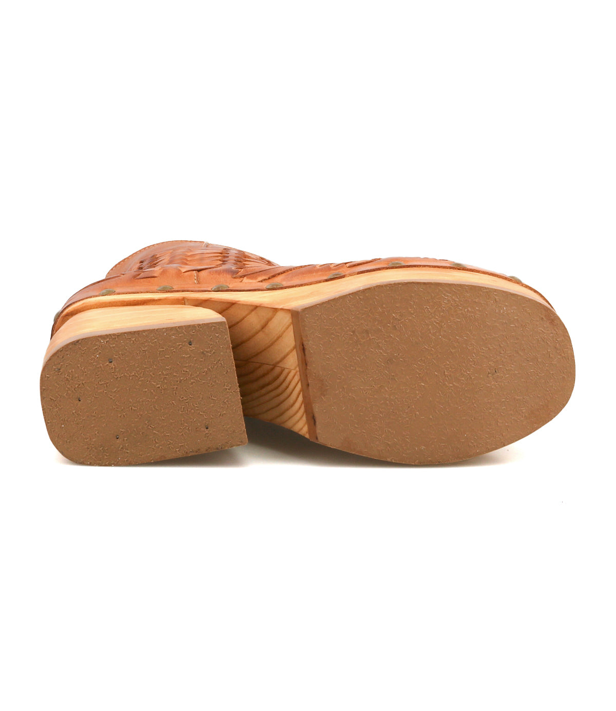 Bottom view of the Bed Stu Ellasphin brown leather artisan shoe featuring a wooden sole, low heel, and visible tread pattern and construction details.