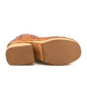 Bottom view of the Bed Stu Ellasphin brown leather artisan shoe featuring a wooden sole, low heel, and visible tread pattern and construction details.