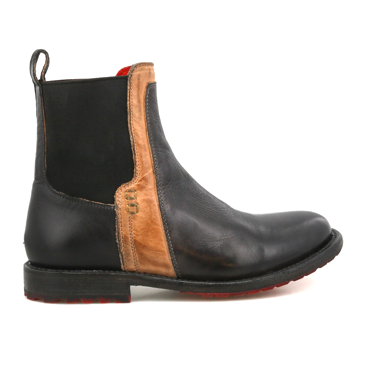 The Bed Stu Ethic is a black Chelsea boot in vegetable-tanned leather with a brown accent panel, black elastic side, back pull tab, and flat sole.