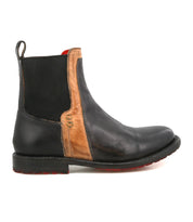 The Bed Stu Ethic is a black Chelsea boot in vegetable-tanned leather with a brown accent panel, black elastic side, back pull tab, and flat sole.