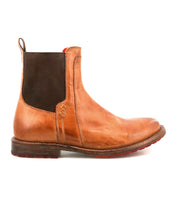 The Bed Stu Ethic is a brown Chelsea boot made from vegetable-tanned leather, with a dark elastic side panel, pull tab, and low heel, displayed in a side view on a white background.