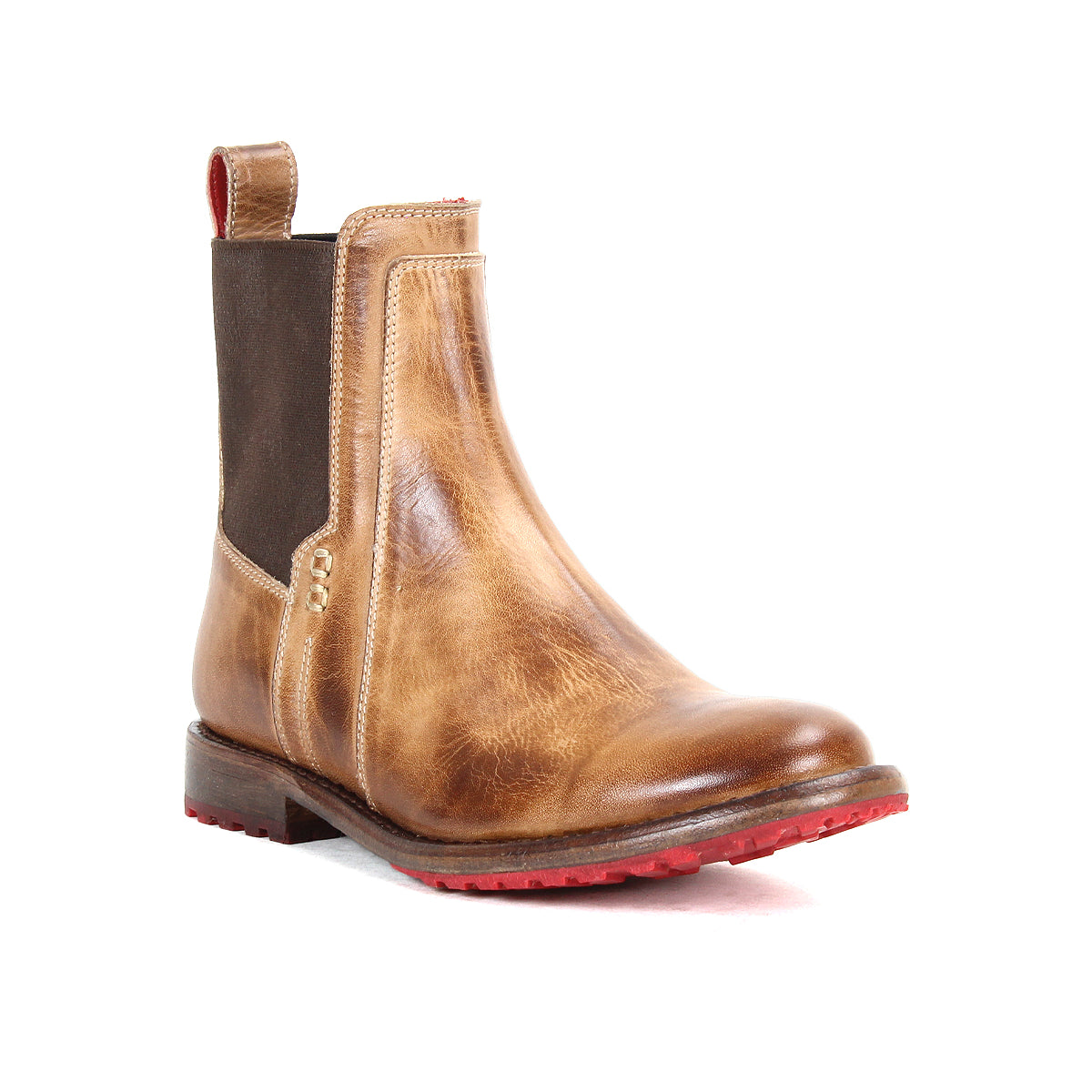 The Ethic boot by Bed Stu is a brown vegetable-tanned leather Chelsea style with a side elastic panel, red pull tab, and red Vibram sole, shown against a white background.