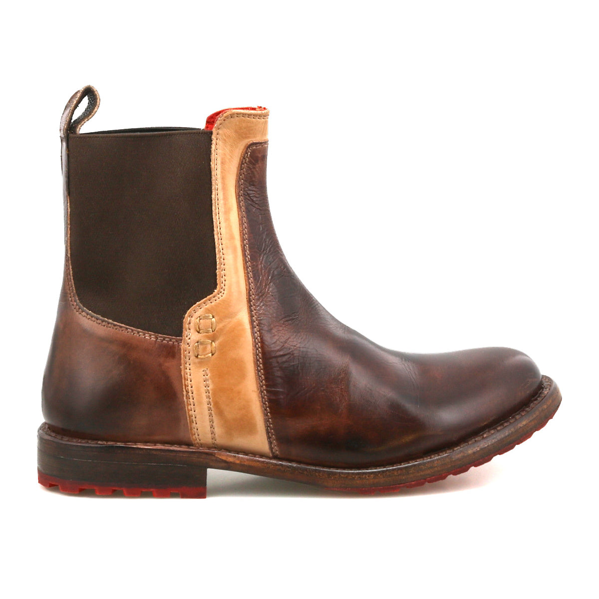 The Ethic boot by Bed Stu features brown vegetable-tanned leather, tan accents, dark elastic side panels, a back pull tab, red lining, and a low heel.
