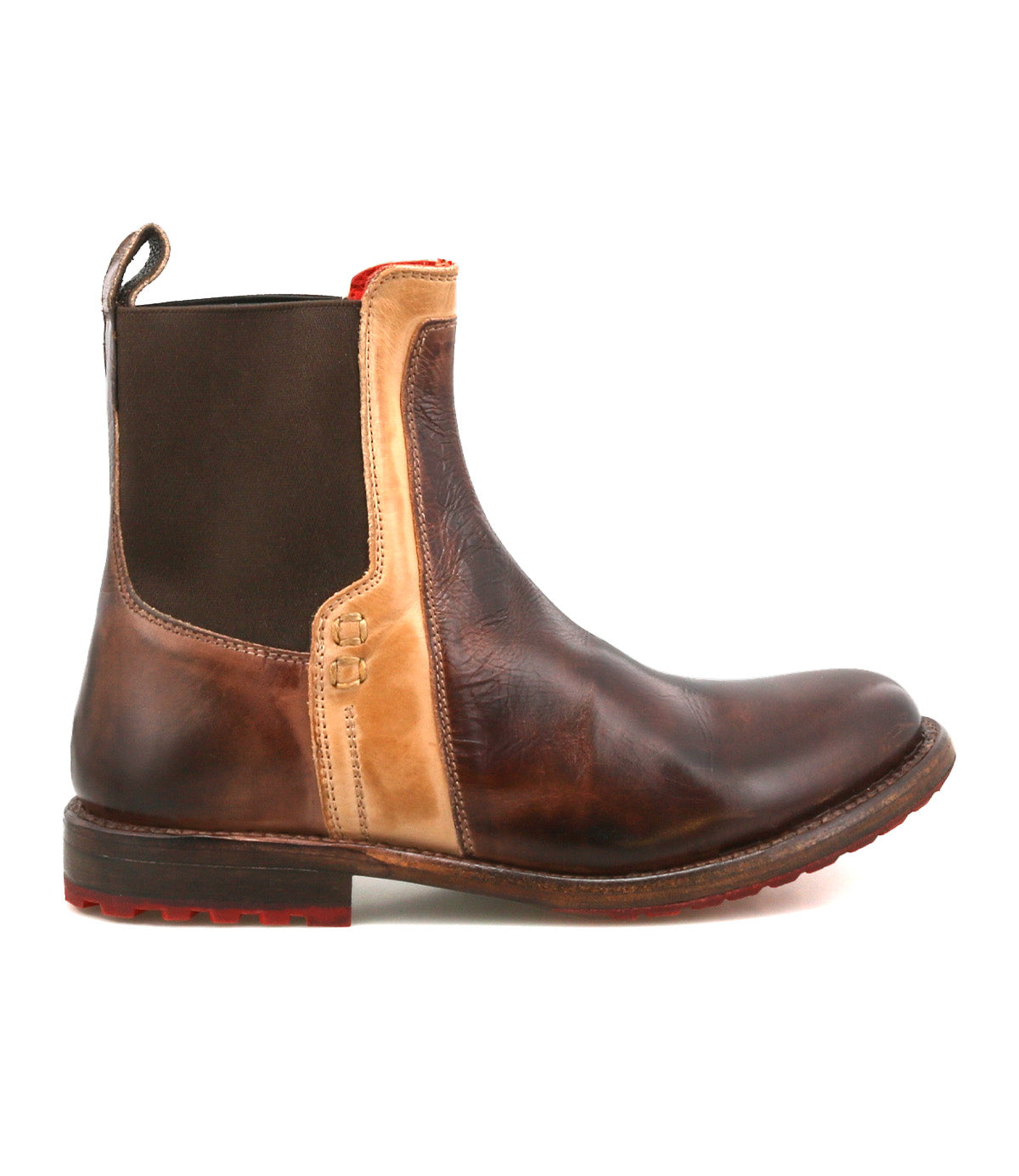The Ethic boot by Bed Stu features brown vegetable-tanned leather, tan accents, dark elastic side panels, a back pull tab, red lining, and a low heel.