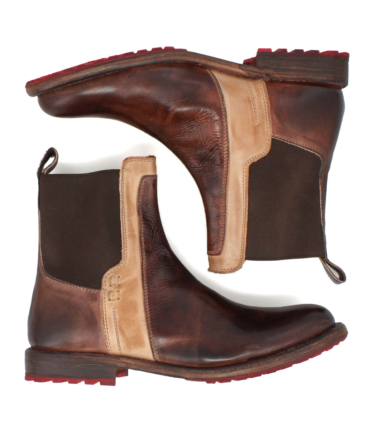 The Bed Stu Ethic features brown vegetable-tanned leather Chelsea boots with tan accents, dark elastic side panels, pull tabs, and red Vibram soles, displayed in a mirrored side view.