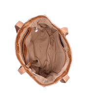 Top view of the Bed Stu Explicit LTC, an empty tan leather heritage bag with fabric lining, interior zip pocket, and two handles.