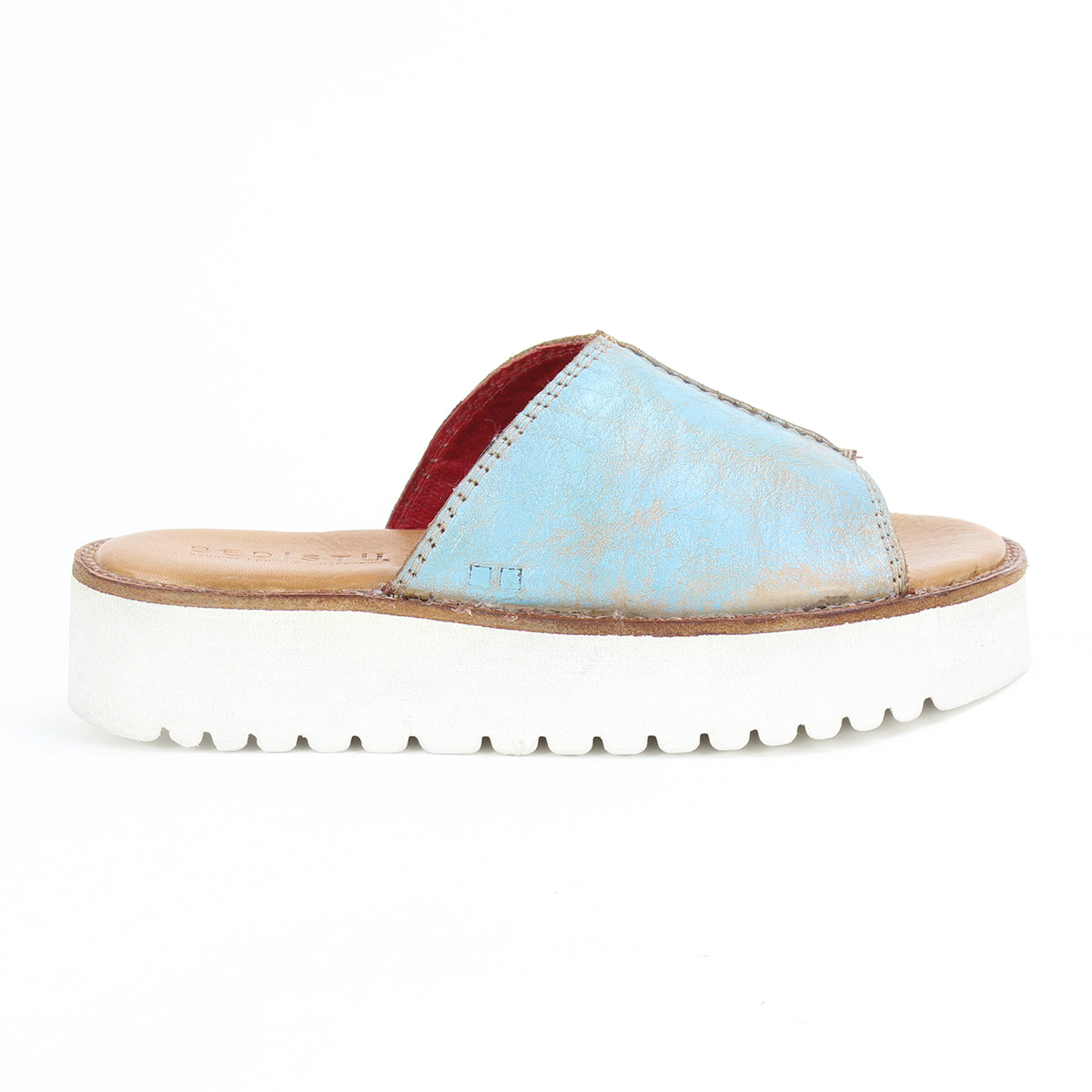 A comfortable Fairlee II leather slide sandal in a blue and white style by Bed Stu.