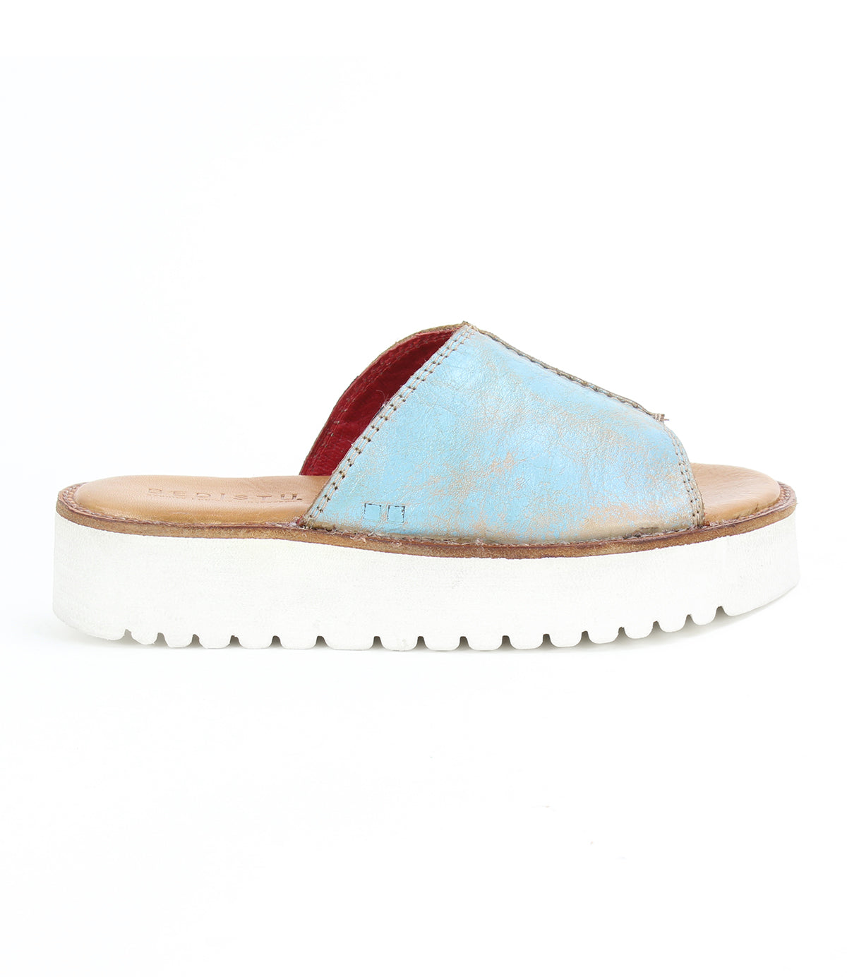 A comfortable Fairlee II leather slide sandal in a blue and white style by Bed Stu.