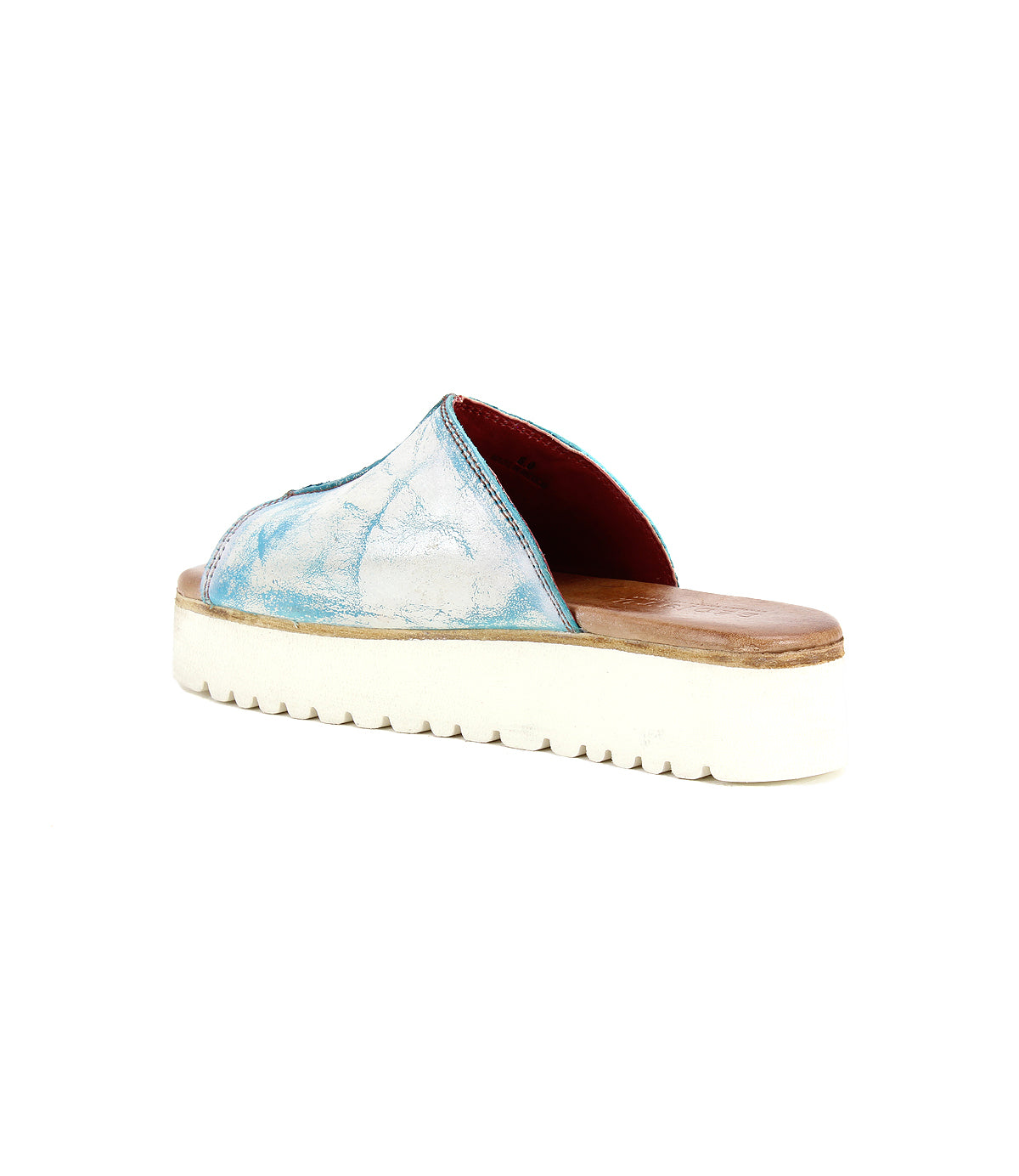 The Fairlee II by Bed Stu is a blue open-toe slide sandal with a textured strap, leather-lined footbed, and white platform sole.