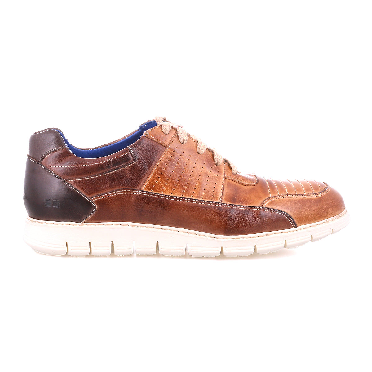 The Fairman by Bed Stu is a brown low-top leather sneaker with a 3-tone finish, white sole, perforated side details, and tan laces on a white background.