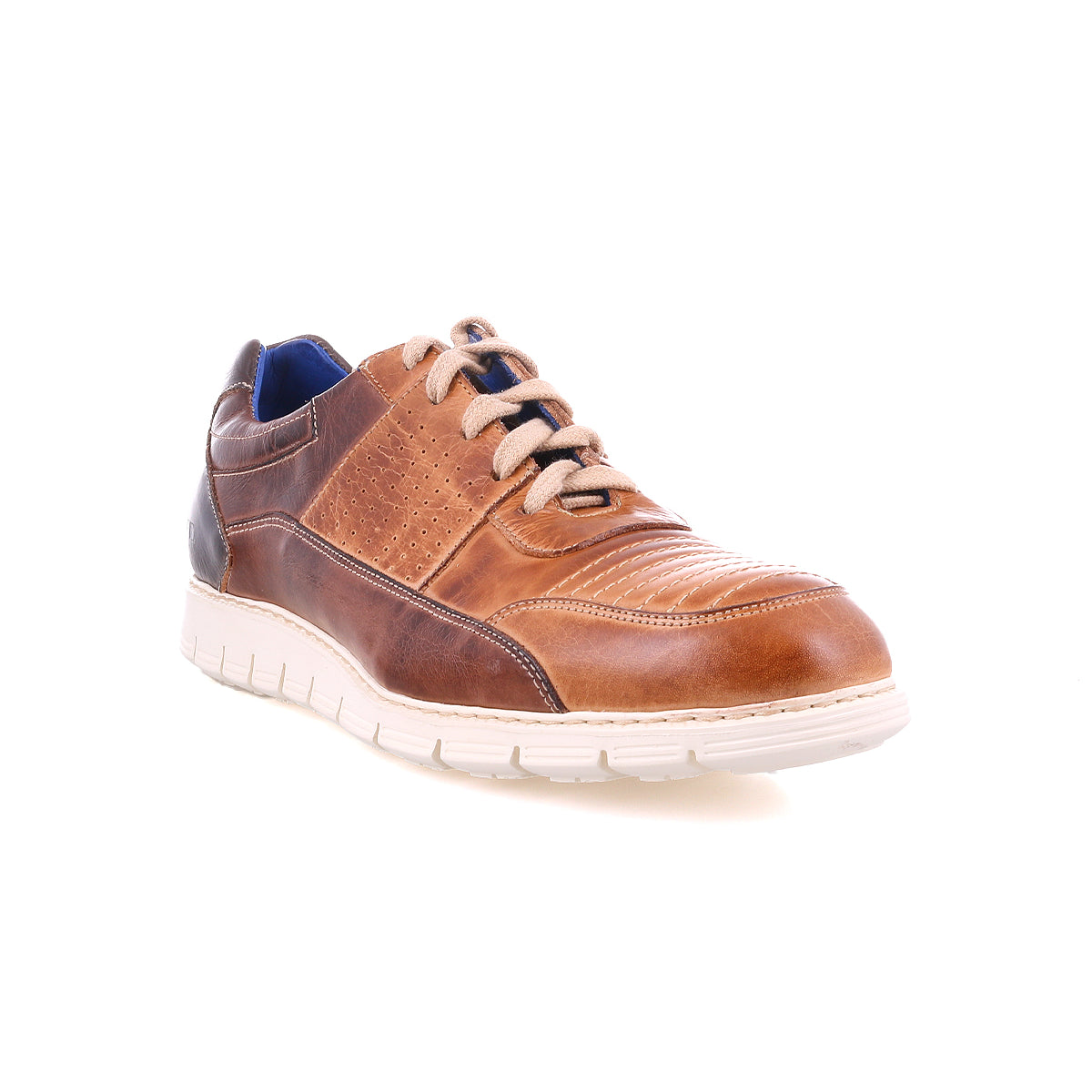 The Fairman sneaker by Bed Stu is a brown leather low-top with a sleek white sole, featuring perforations and unique topstitching, effortlessly combining style and comfort.