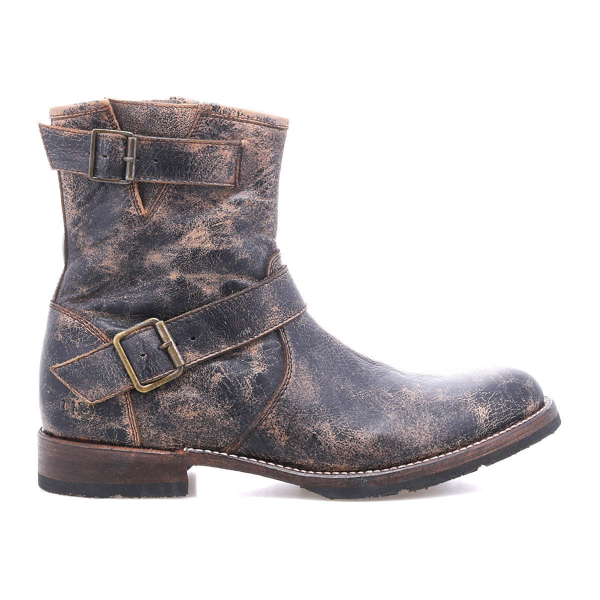 The Bed Stu Fellow boot, a rugged men's leather style in weathered brown with two decorative buckles, rounded toe, and low heel, is shown in profile against a white background.