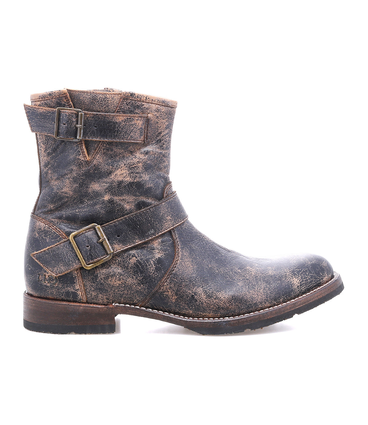 The Bed Stu Fellow boot, a rugged men's leather style in weathered brown with two decorative buckles, rounded toe, and low heel, is shown in profile against a white background.