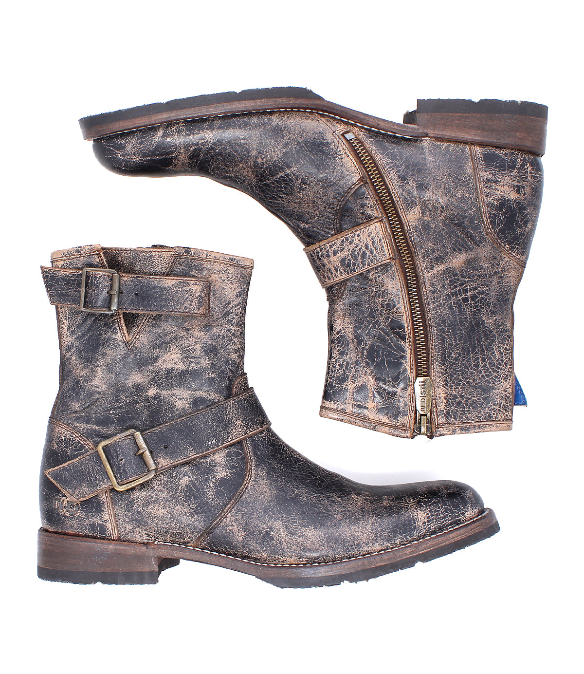 The Bed Stu Fellow boots feature distressed brown rugged leather, buckles, and zippers. Shown from side and bottom views against a white background.